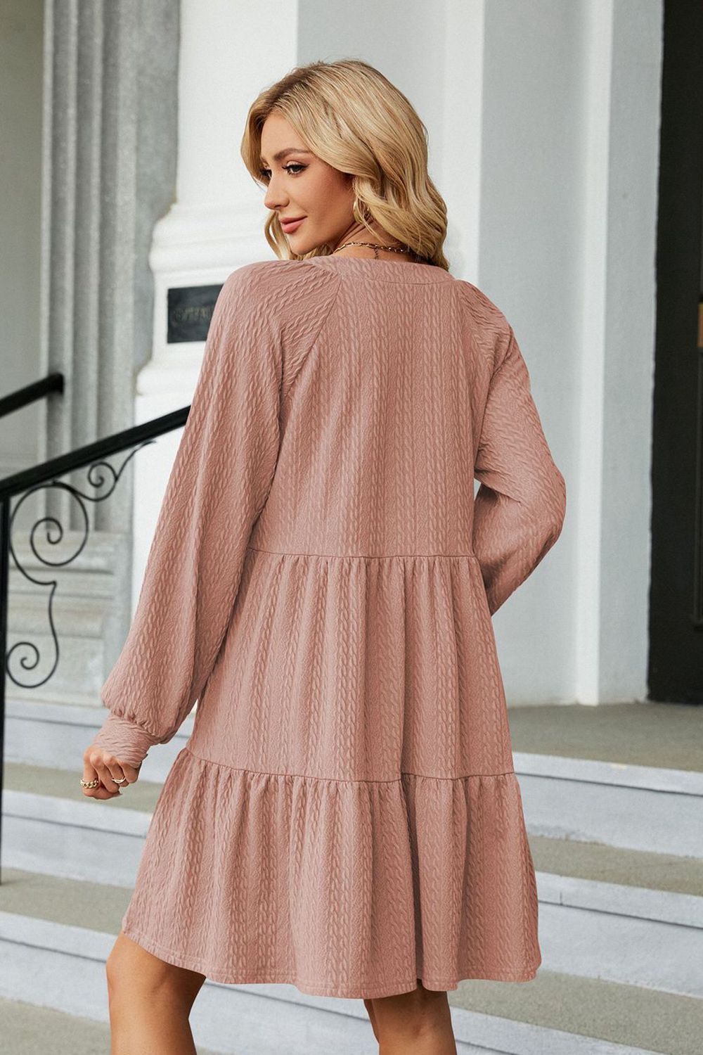Notched Neck Long Sleeve Mini Dress - felvior