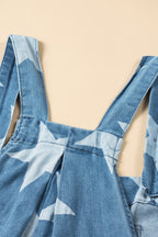 Star Print Buttoned Strap Wide Leg Denim Overalls