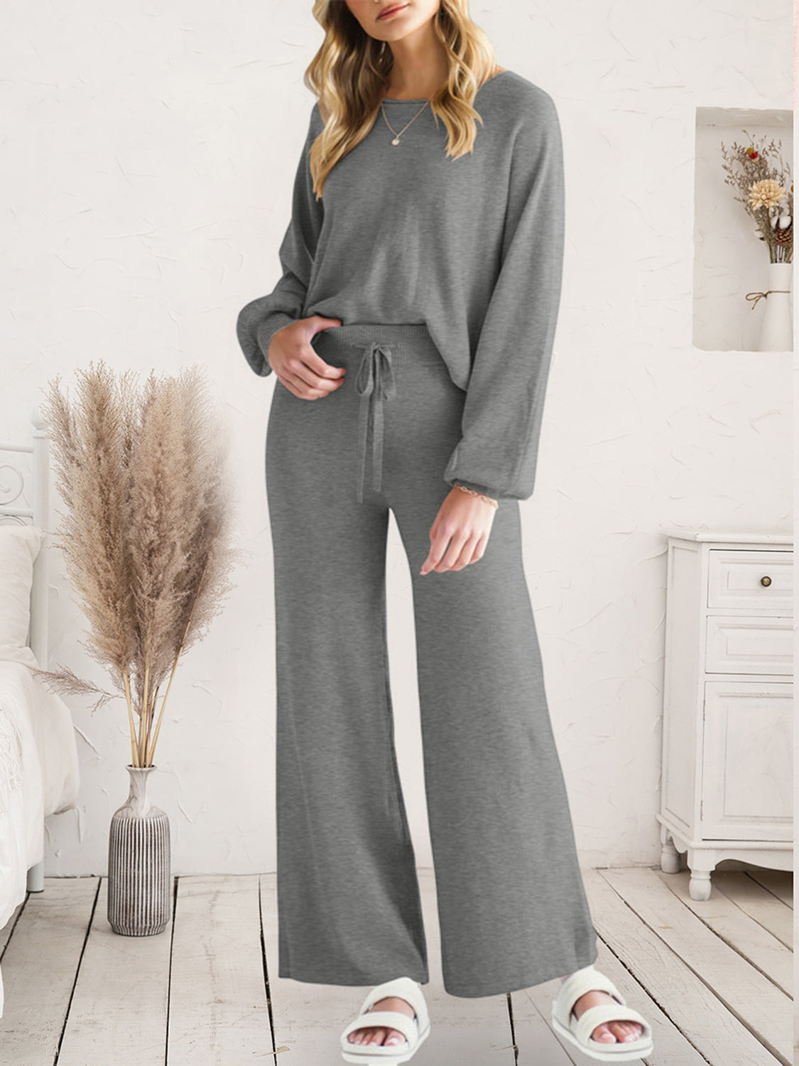 Long Sleeve Lounge Top and Drawstring Pants Set - felvior