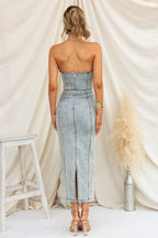 Washed Slit Back Tube Denim Dress