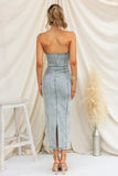 Washed Slit Back Tube Denim Dress - felvior