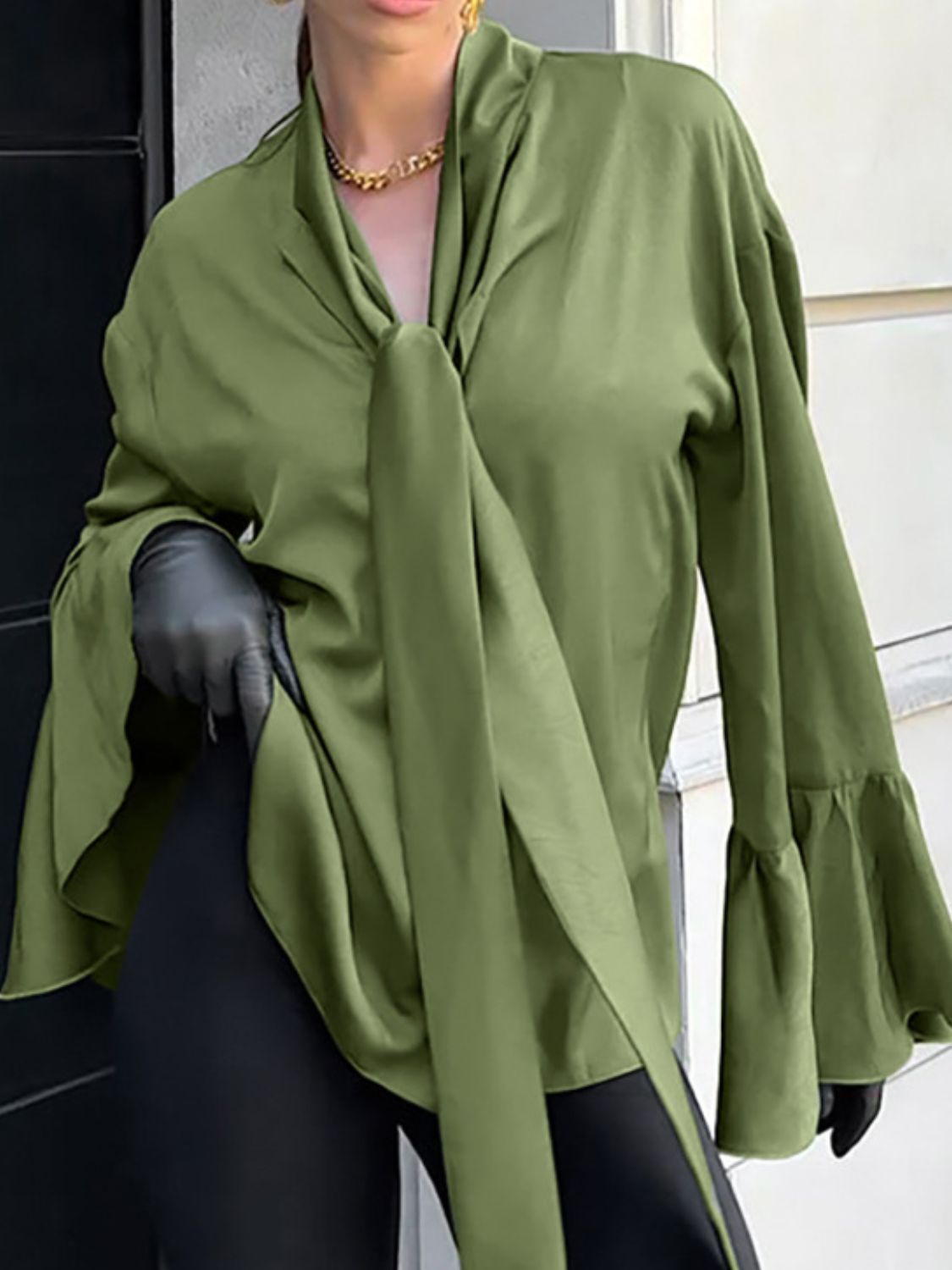 Button Down Flounce Sleeve Shirt - felvior
