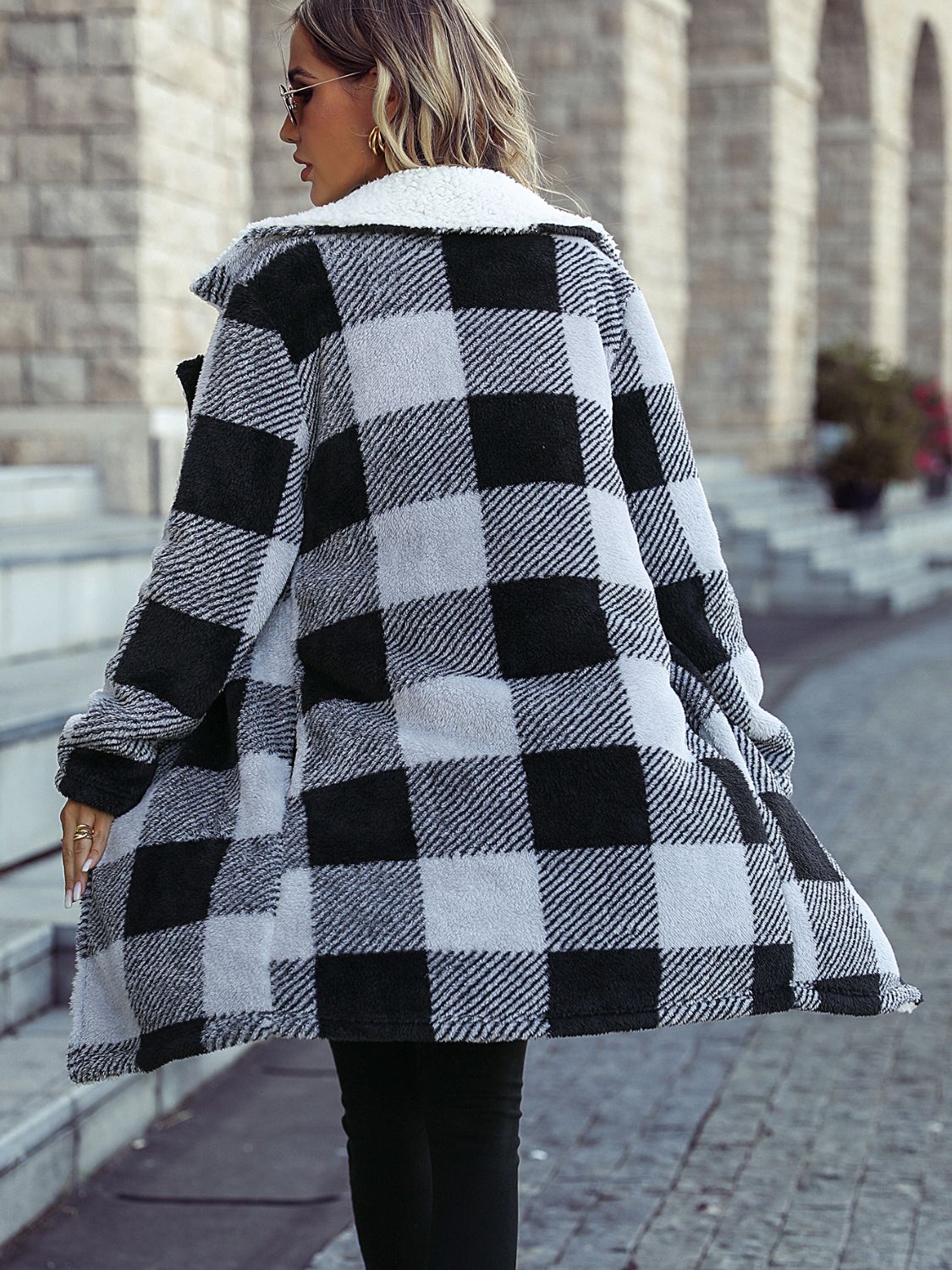 Plaid Open Front Coat with Pockets - felvior