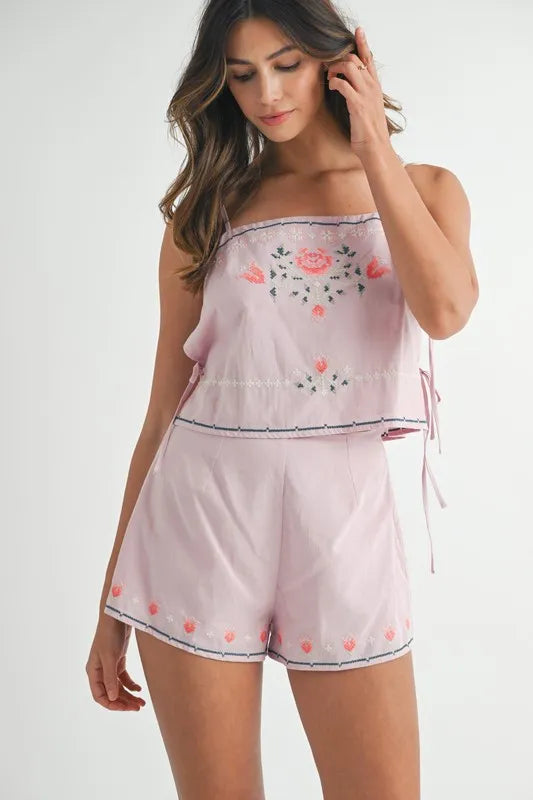 MABLE Embroidered Crop Top and Shorts Set