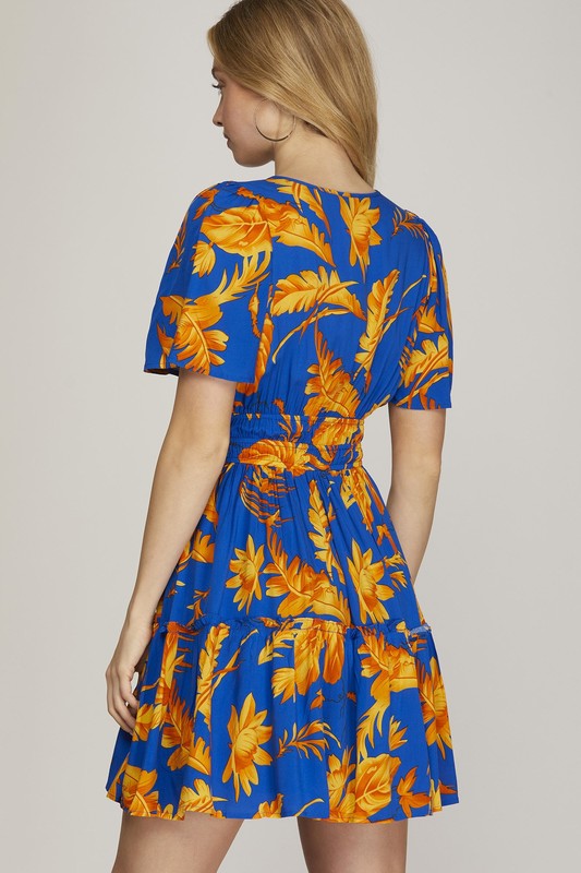 She + Sky Full Size Printed Notched Short Sleeve Frill Tiered Dress Plus Size - felvior