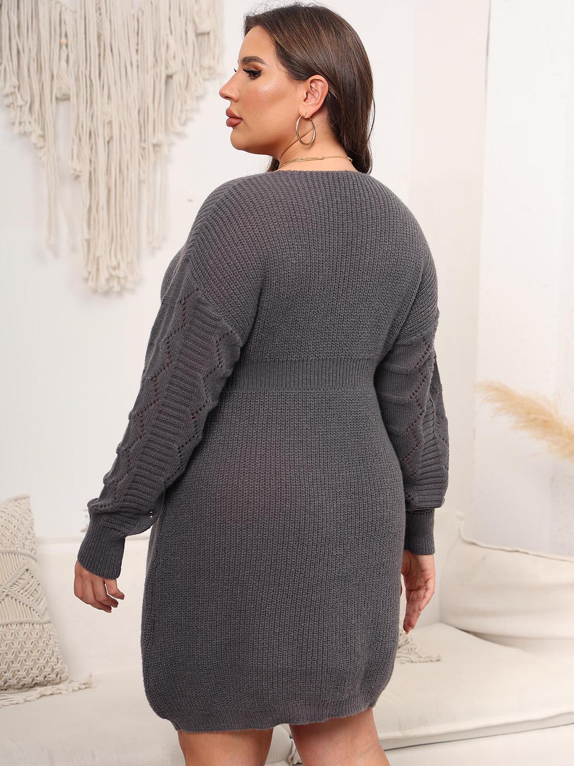 Plus Size Dropped Shoulder Long Sleeve Knit Mini Dress - felvior