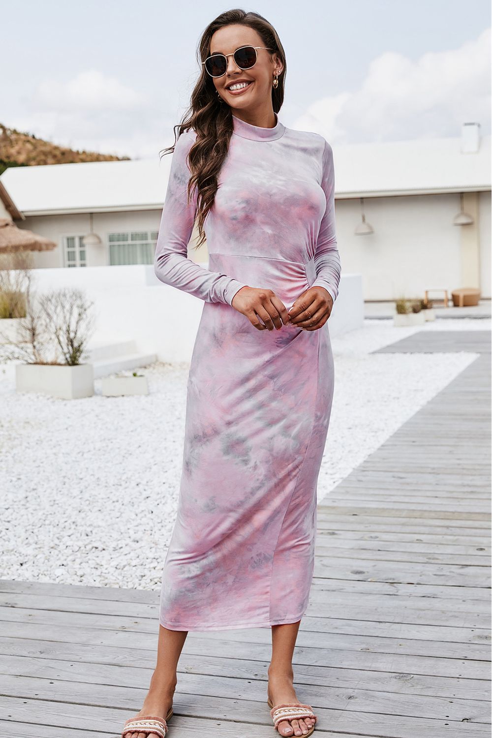 Tie Dye Mock Neck Long Sleeve Dress - felvior
