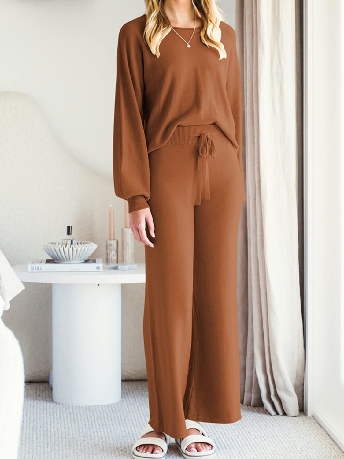 Long Sleeve Lounge Top and Drawstring Pants Set - felvior