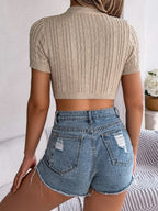 Cable Knit Openwork Round Neck Knit Top