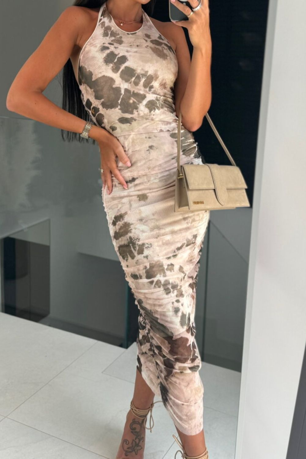 Backless Printed Halter Neck Dress - felvior