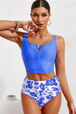 Half Snap Square Neck Tankini Set - felvior
