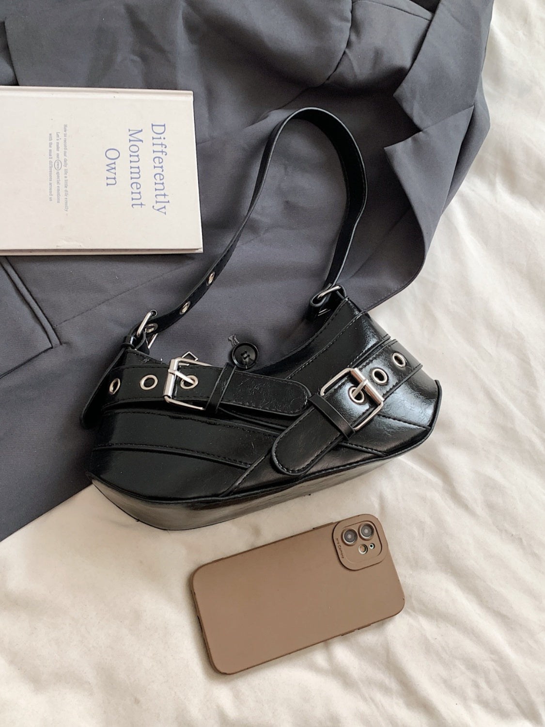 PU Leather Buckle Shoulder Bag - felvior