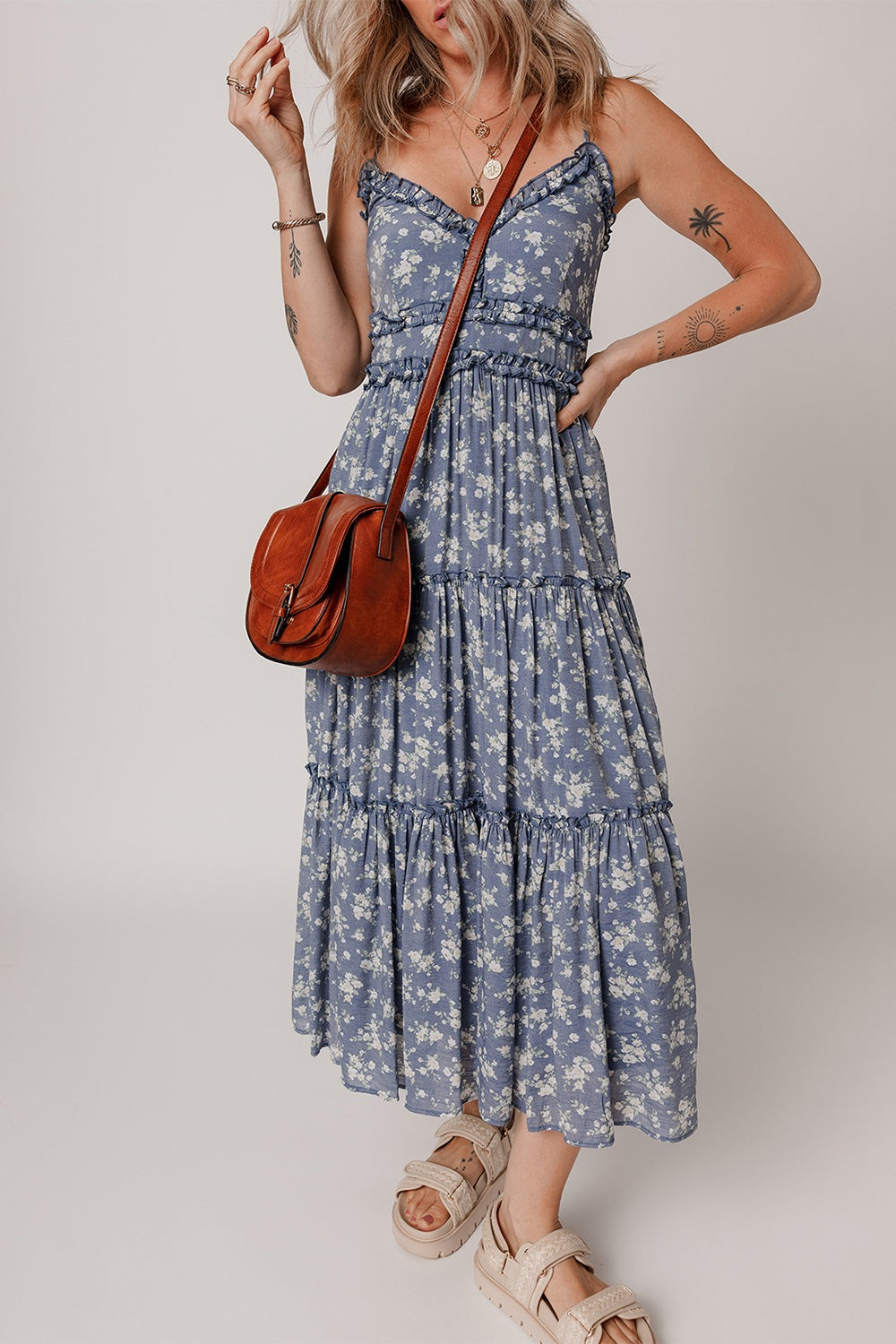 Floral Spaghetti Strap Frilled V Neck Tiered Midi Dress
