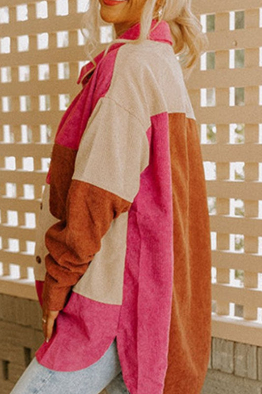 Color Block Curved Hem Corduroy Shacket with Pocket - felvior