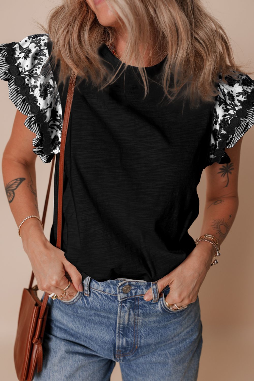 Round Neck Printed Ruffled Cap Sleeve Blouse - felvior