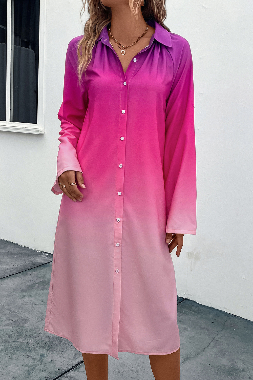 Perfee Gradient Long Sleeve Shirt Dress - felvior