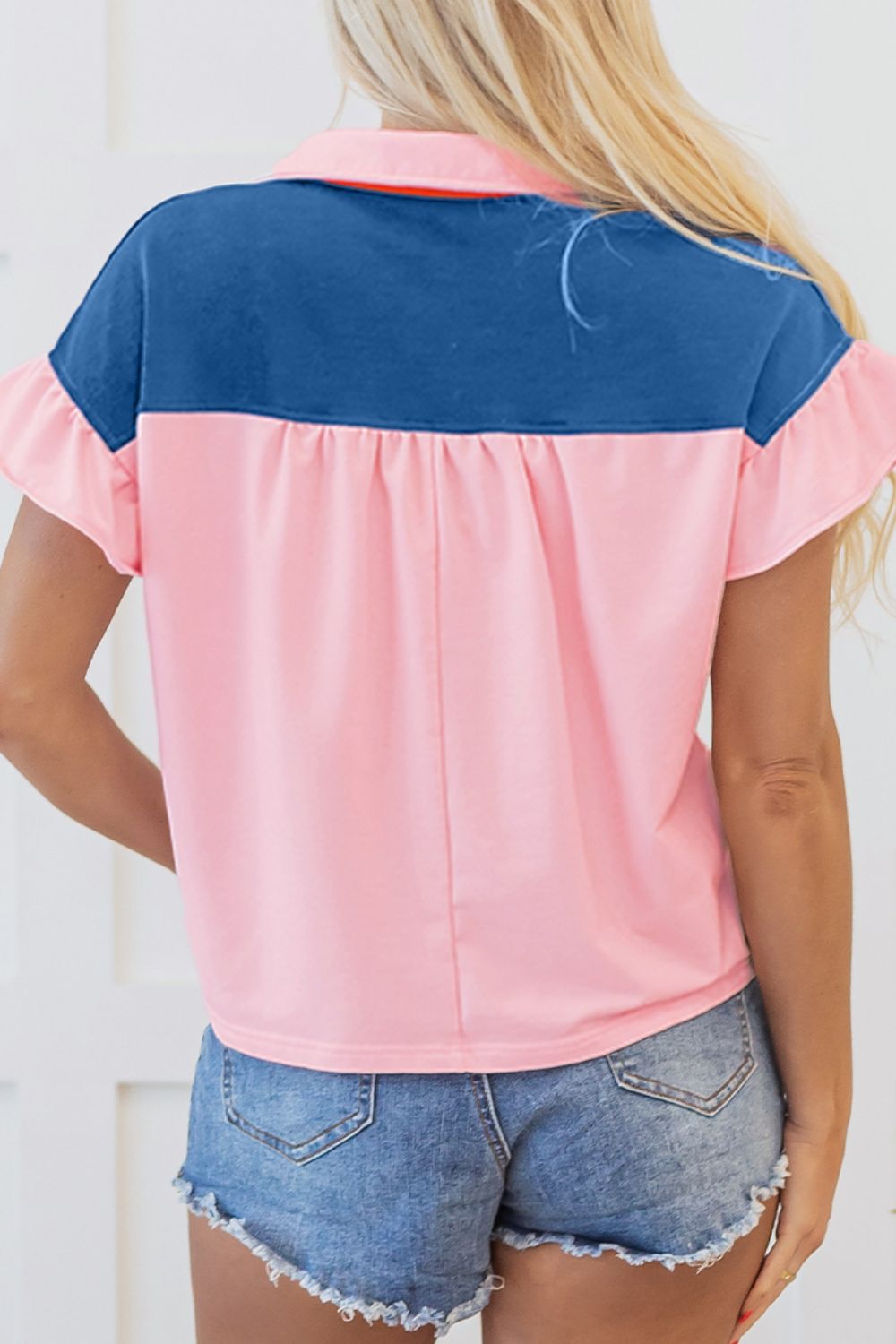 Color Block Half Buttoned Ruffled Short Sleeve T Shirt - felvior