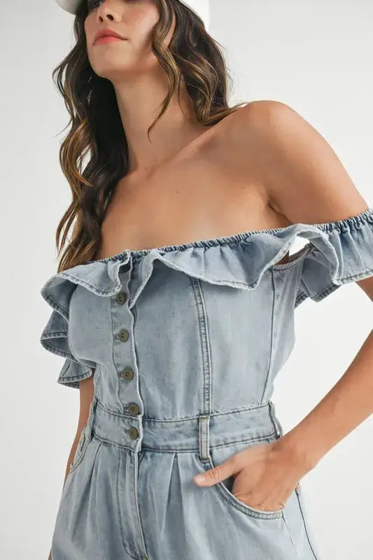 MABLE Off Shoulder Ruffle Detail Denim Romper
