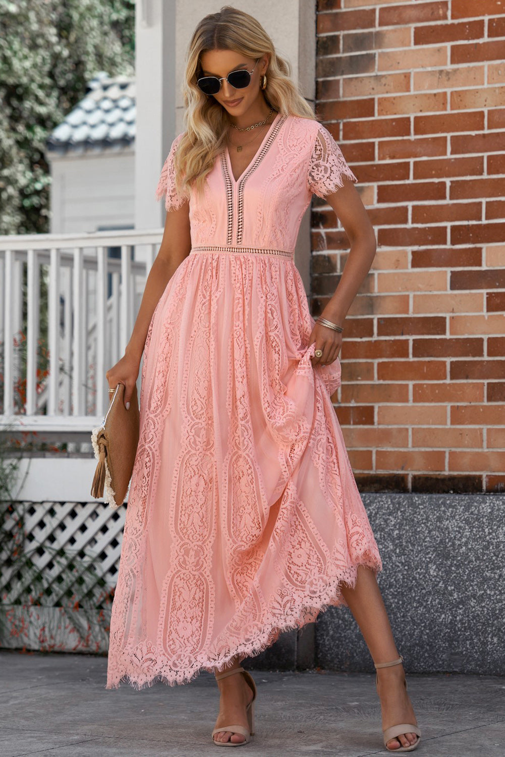 Scalloped Trim Lace Plunge Dress - felvior