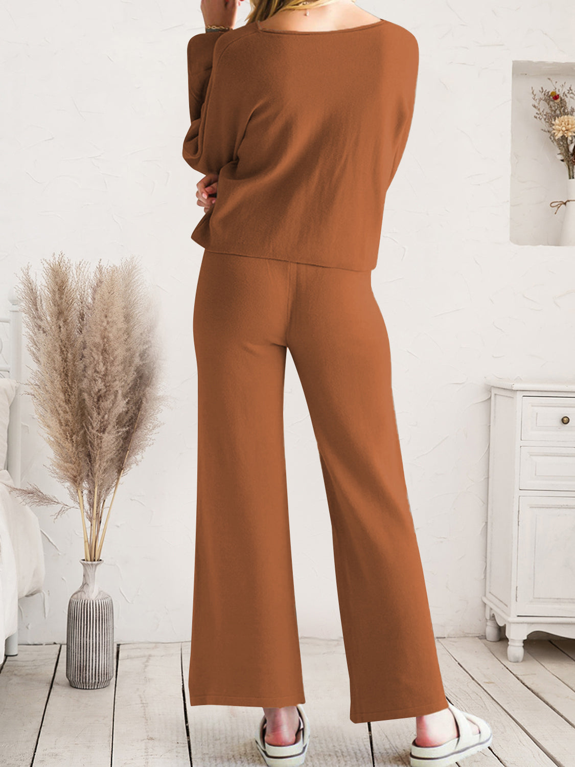 Long Sleeve Lounge Top and Drawstring Pants Set - felvior