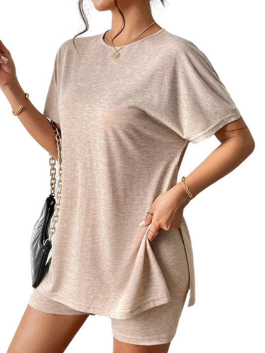 Slit Round Neck Short Sleeve Oversized Top and Shorts Set - felvior