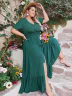 Plus Size Button Detail V-Neck Short Sleeve Maxi Dress