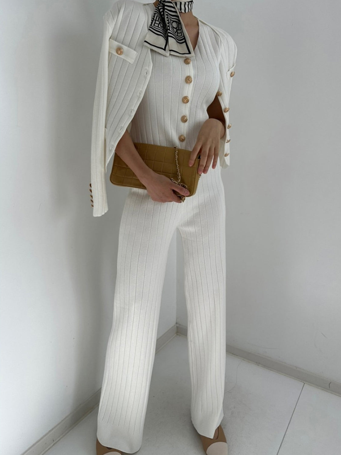 V-Neck Tank, Cardigan and Pants Three-Piece Sweater Set - felvior