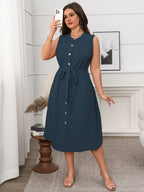 Plus Size Button Front Tie Waist Sleeveless Dress