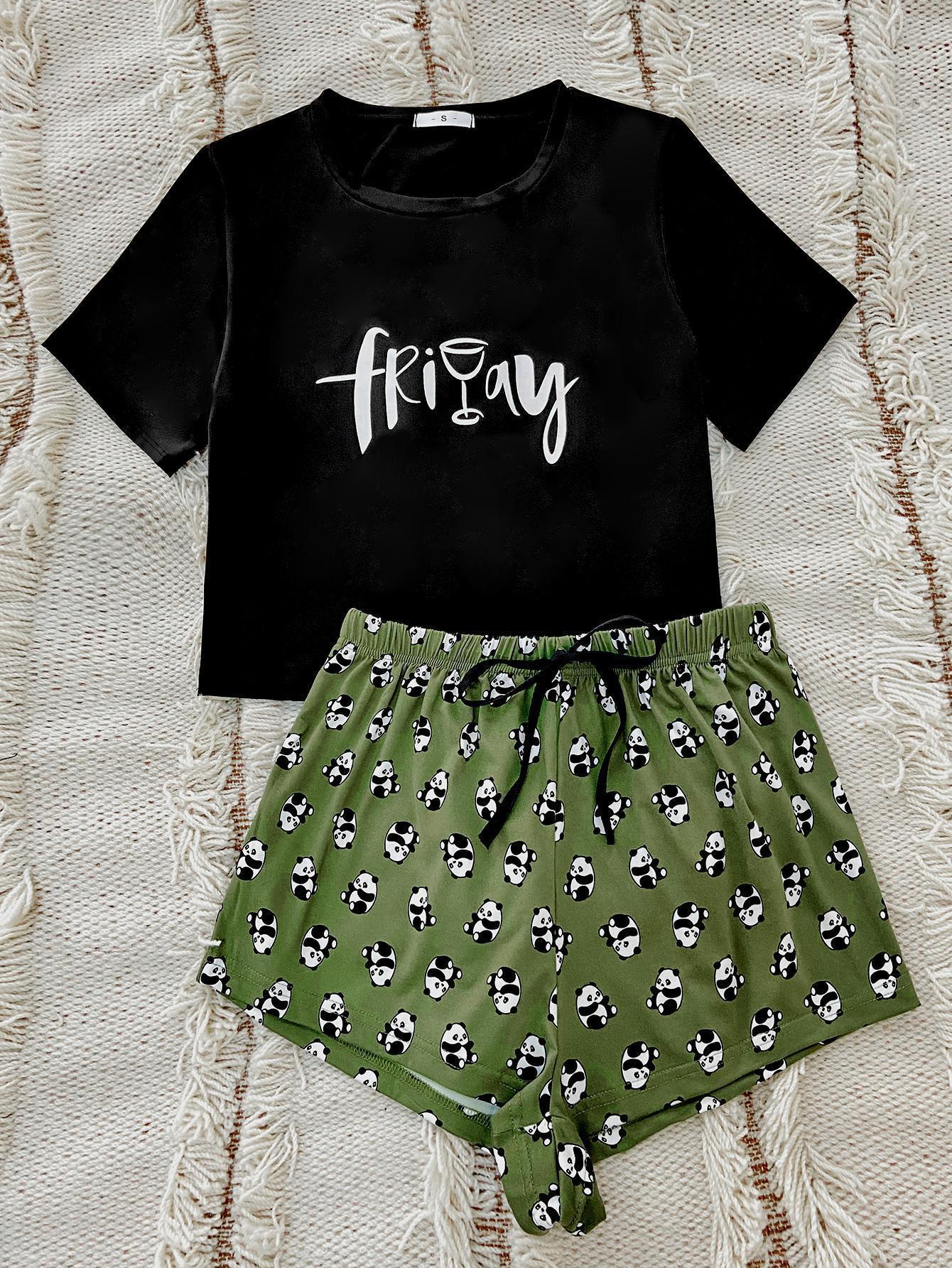 Graphic Tee and Panda Print Shorts Lounge Set Main image