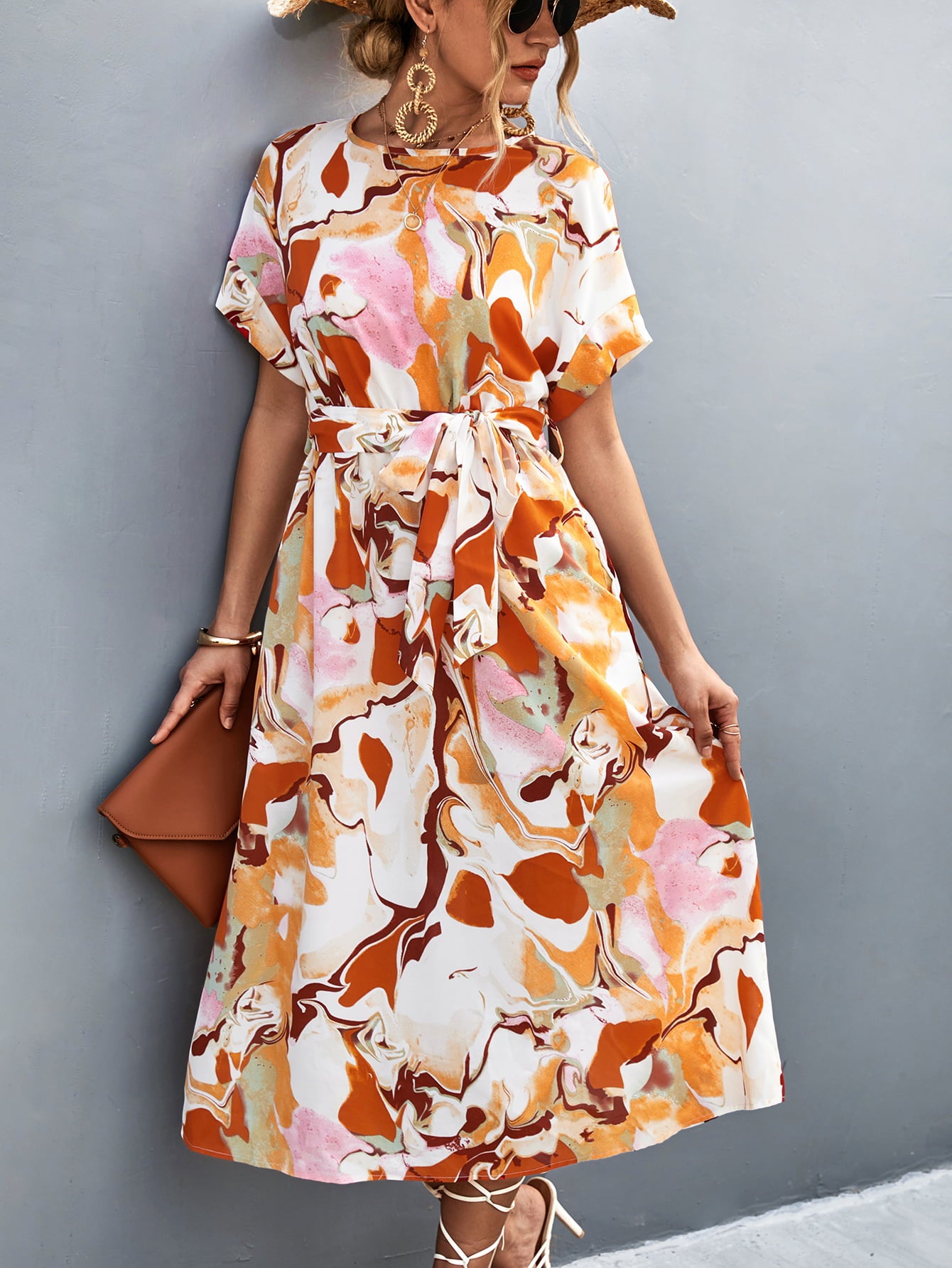 Round Neck Short Sleeve Tie Waist Midi Dress - felvior