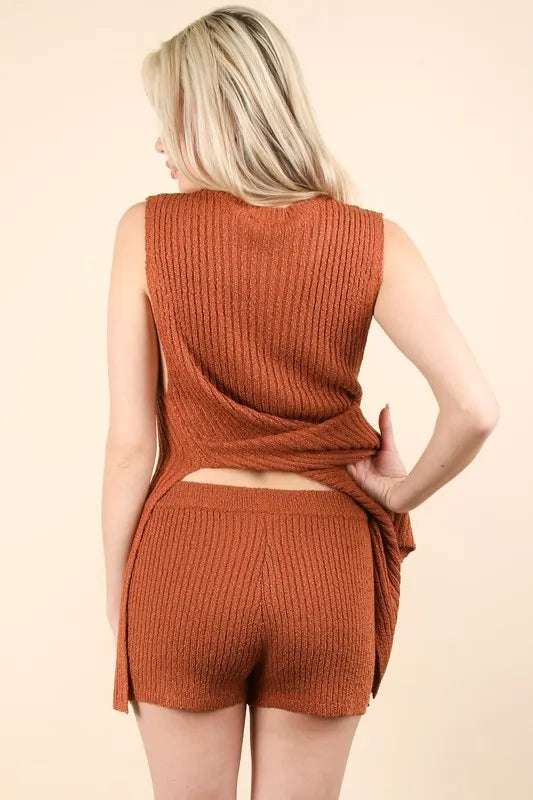 VERY J Slit Round Neck Top and Shorts Sweater Set - felvior