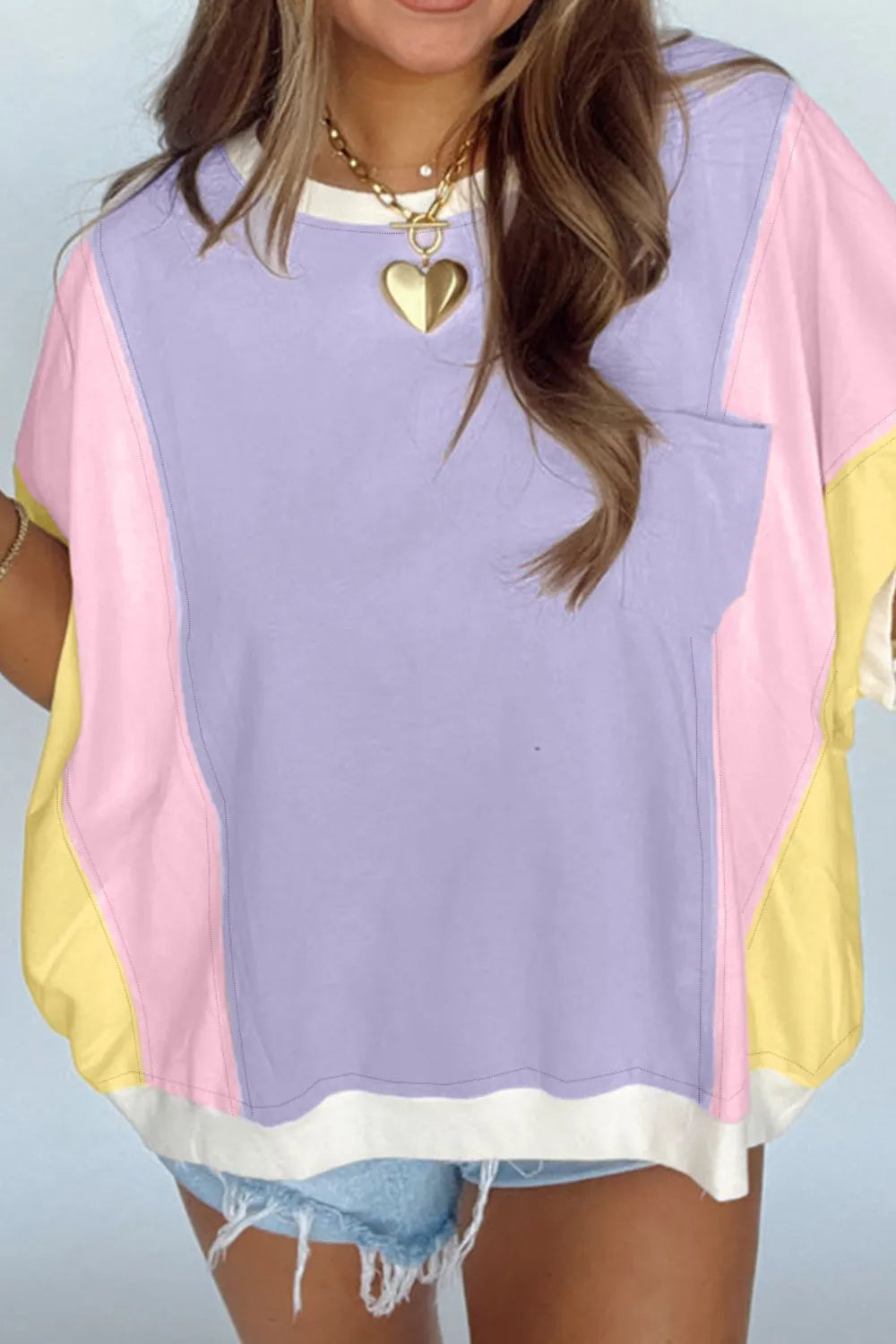 Color Block Patchwork Half Sleeve Oversized T Shirt - felvior