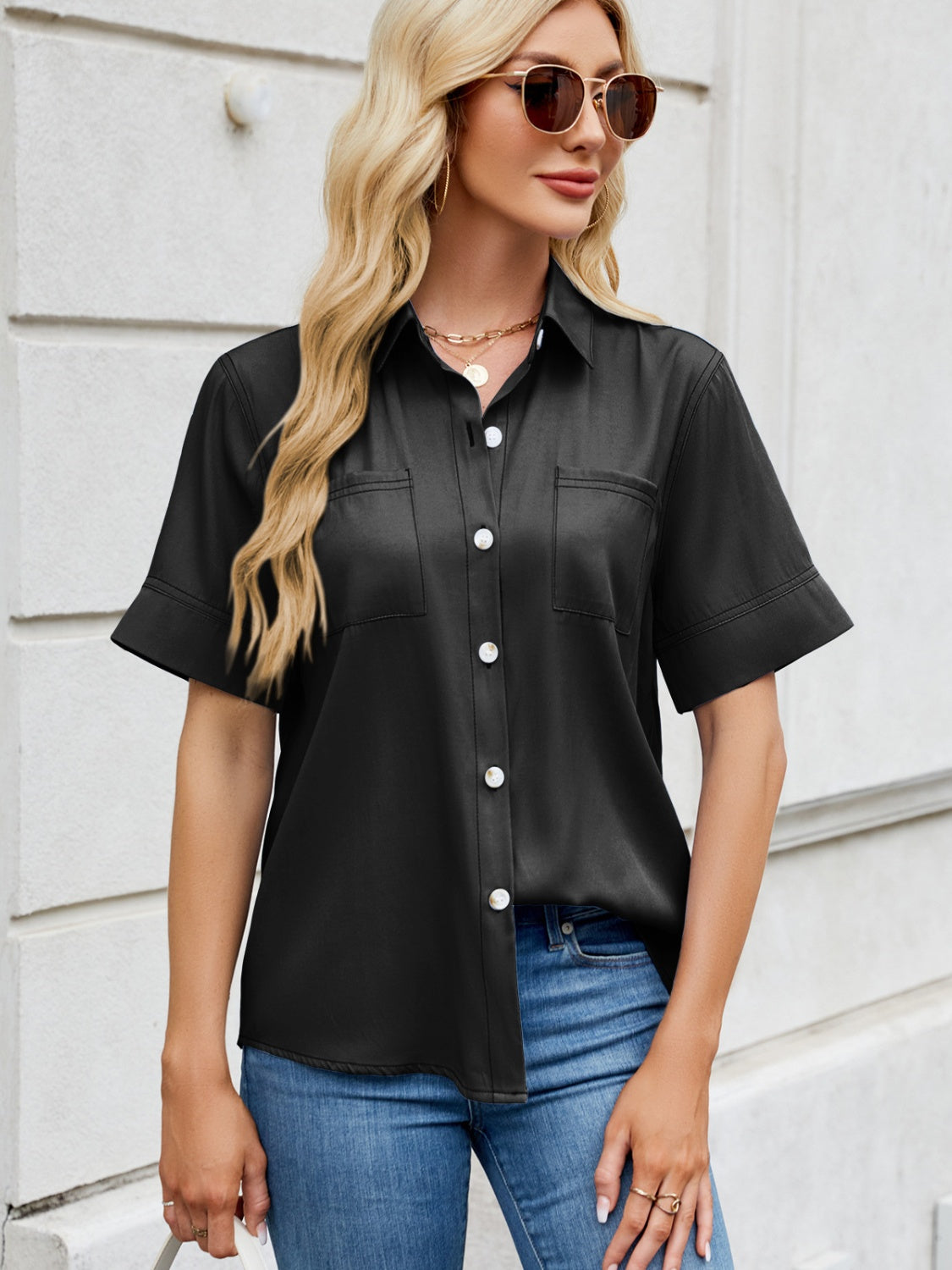 Collared Neck Short Sleeve Shirt - felvior