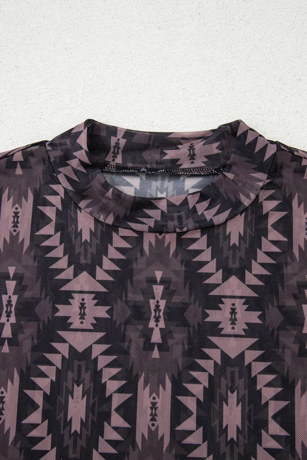 Aztec Print Mock Neck Short Sleeve Mesh T Shirt