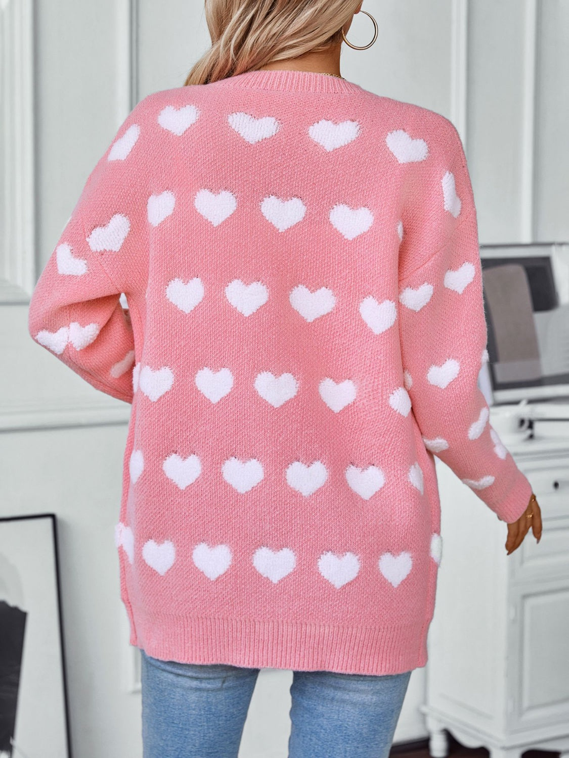 Heart V-Neck Button Up Long Sleeve Cardigan - felvior