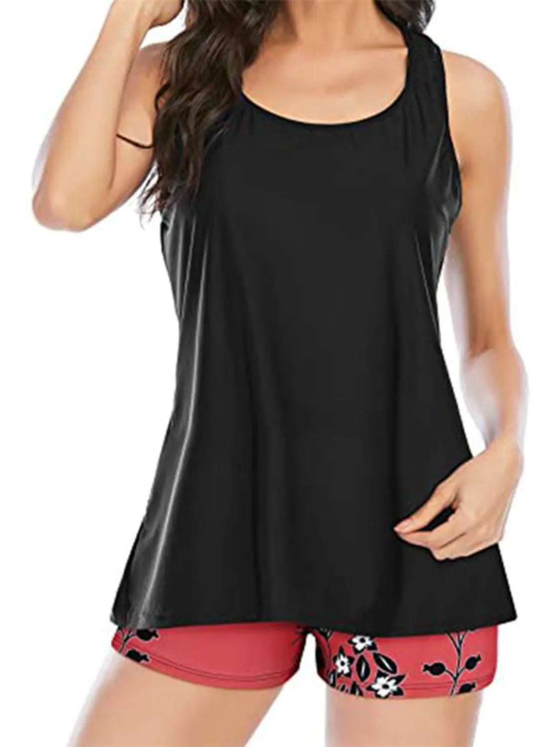 Cutout Printed Round Neck Three-Piece Swim Set - felvior
