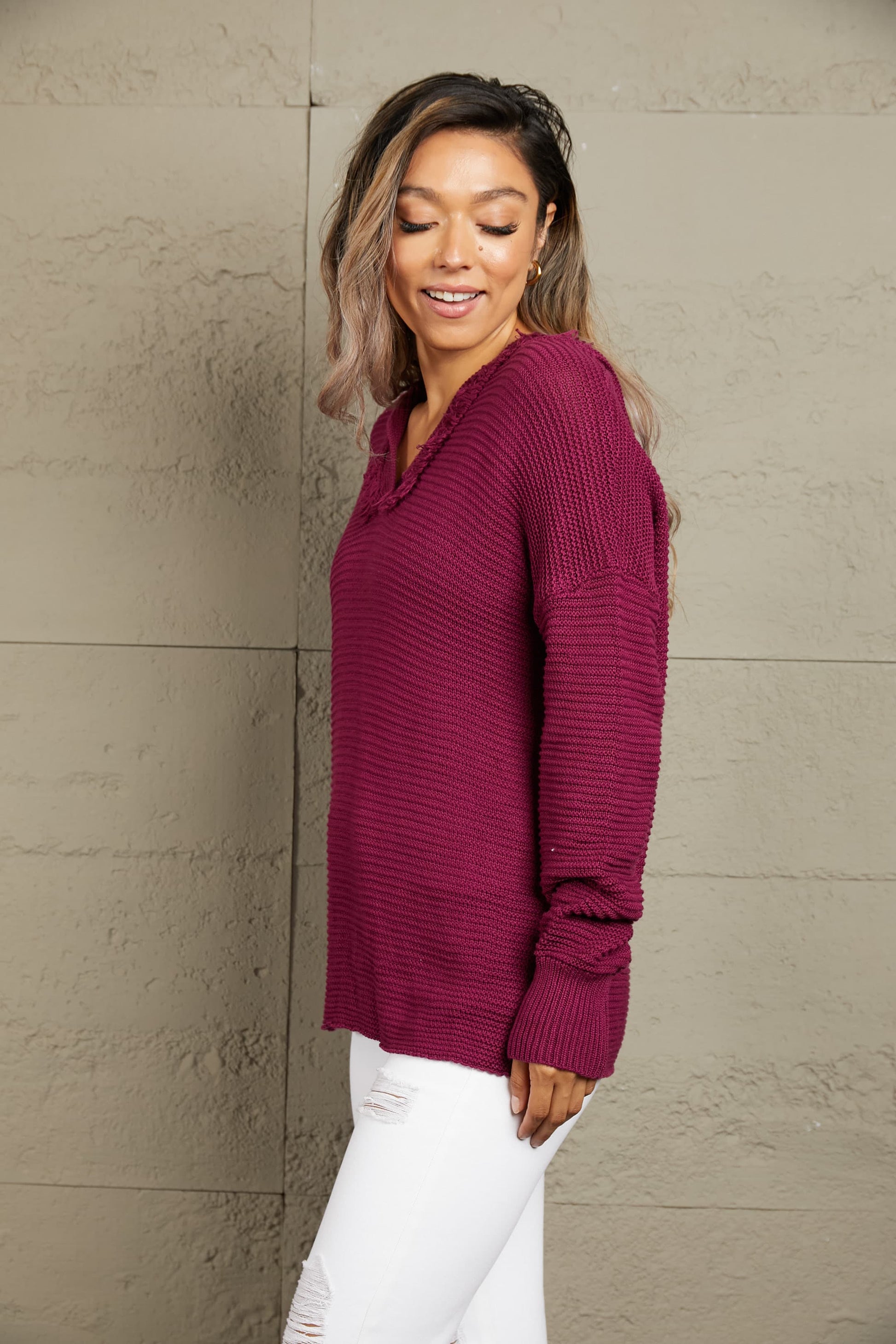 Woven Right Horizontal Ribbing Fringe Trim Hooded Sweater - felvior