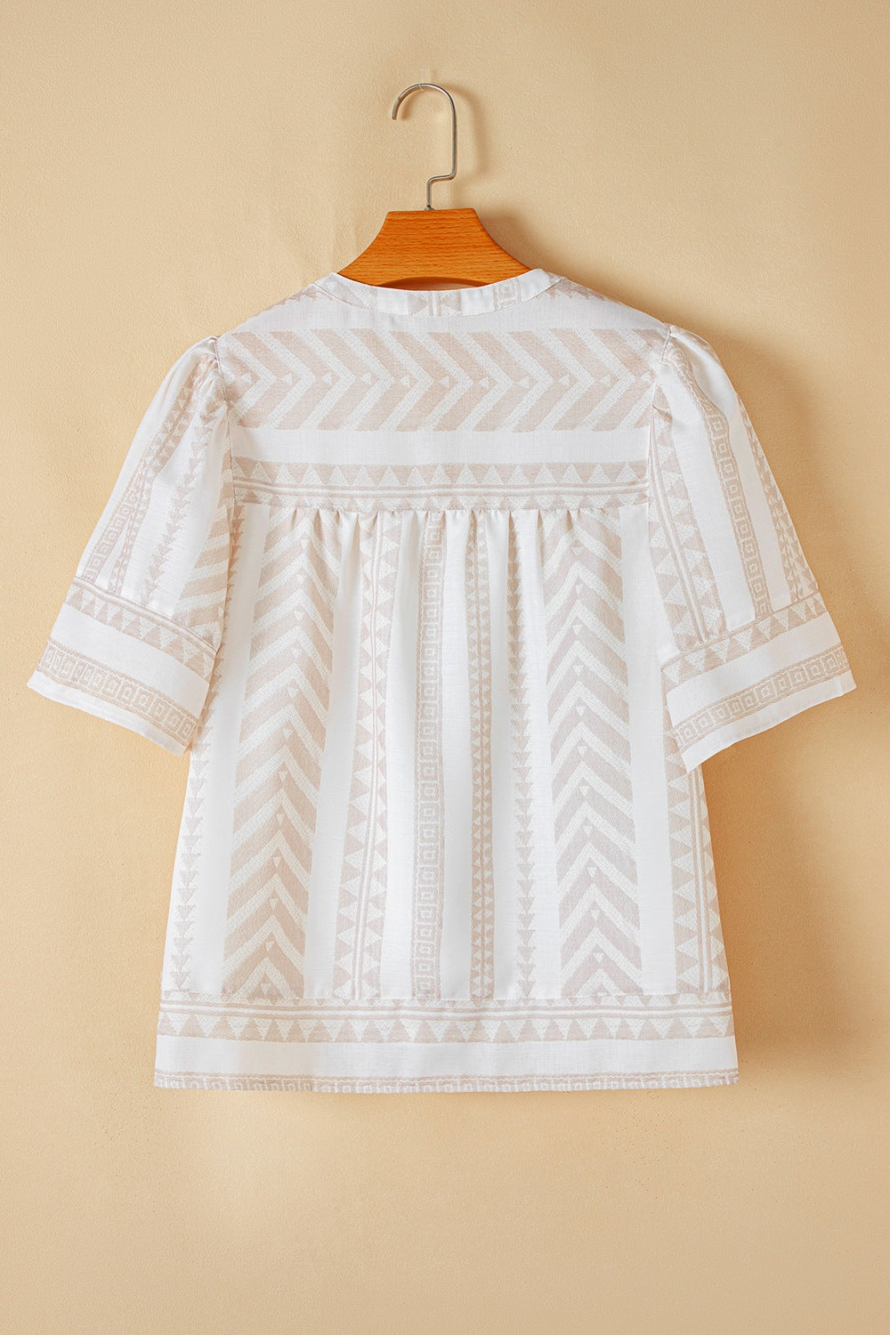 Geometric Jacquard Notched Half Sleeve Blouse