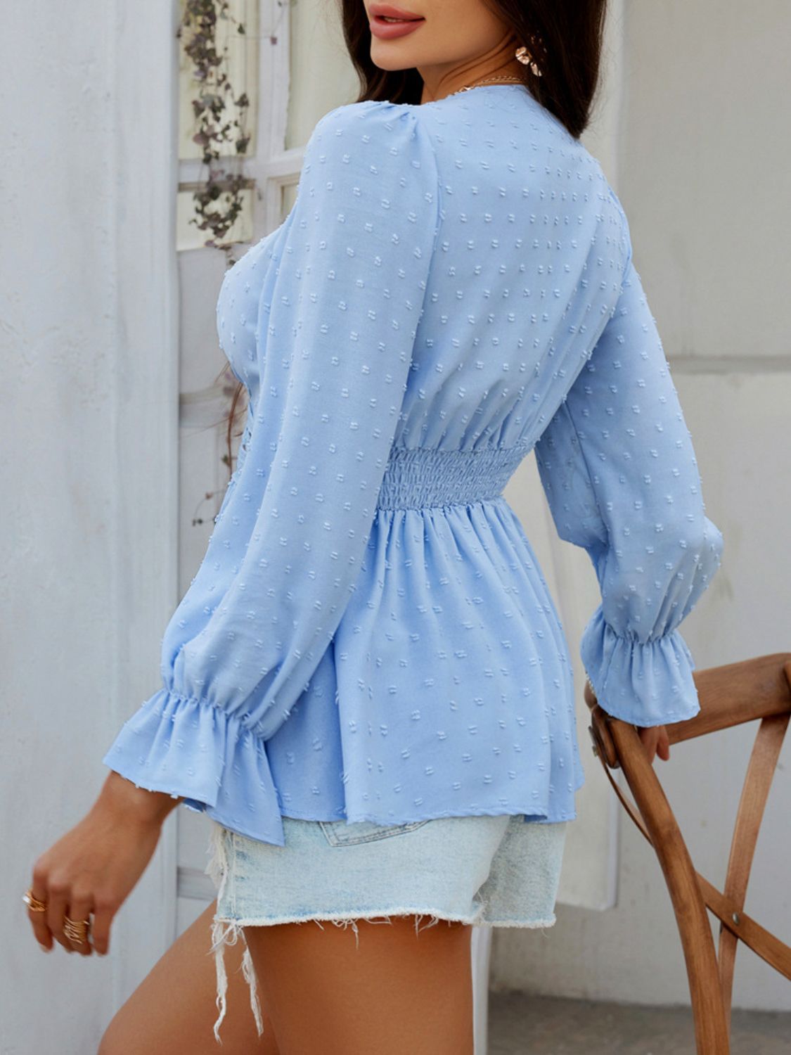 Devine Swiss Dot Lace Detail Surplice Flounce Sleeve Blouse - felvior