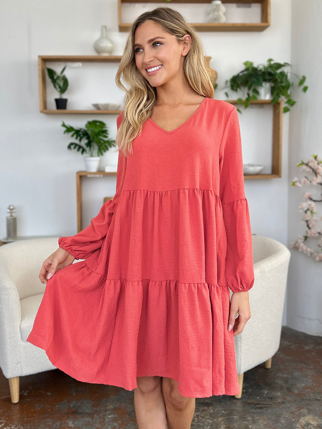 Double Take Full Size V-Neck Balloon Sleeve Tiered Dress with Pockets - felvior