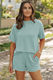 Round Neck Dropped Shoulder Top and Shorts Set - felvior