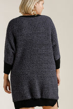 Umgee Full Size Ribbed Hem Round Neck 3/4 Sleeve Sweater Dress with Pockets Plus Size