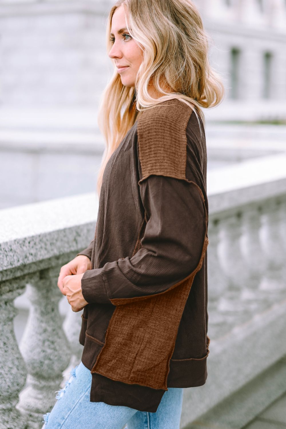 Ribbed Exposed Seam Dropped Shoulder Blouse - felvior