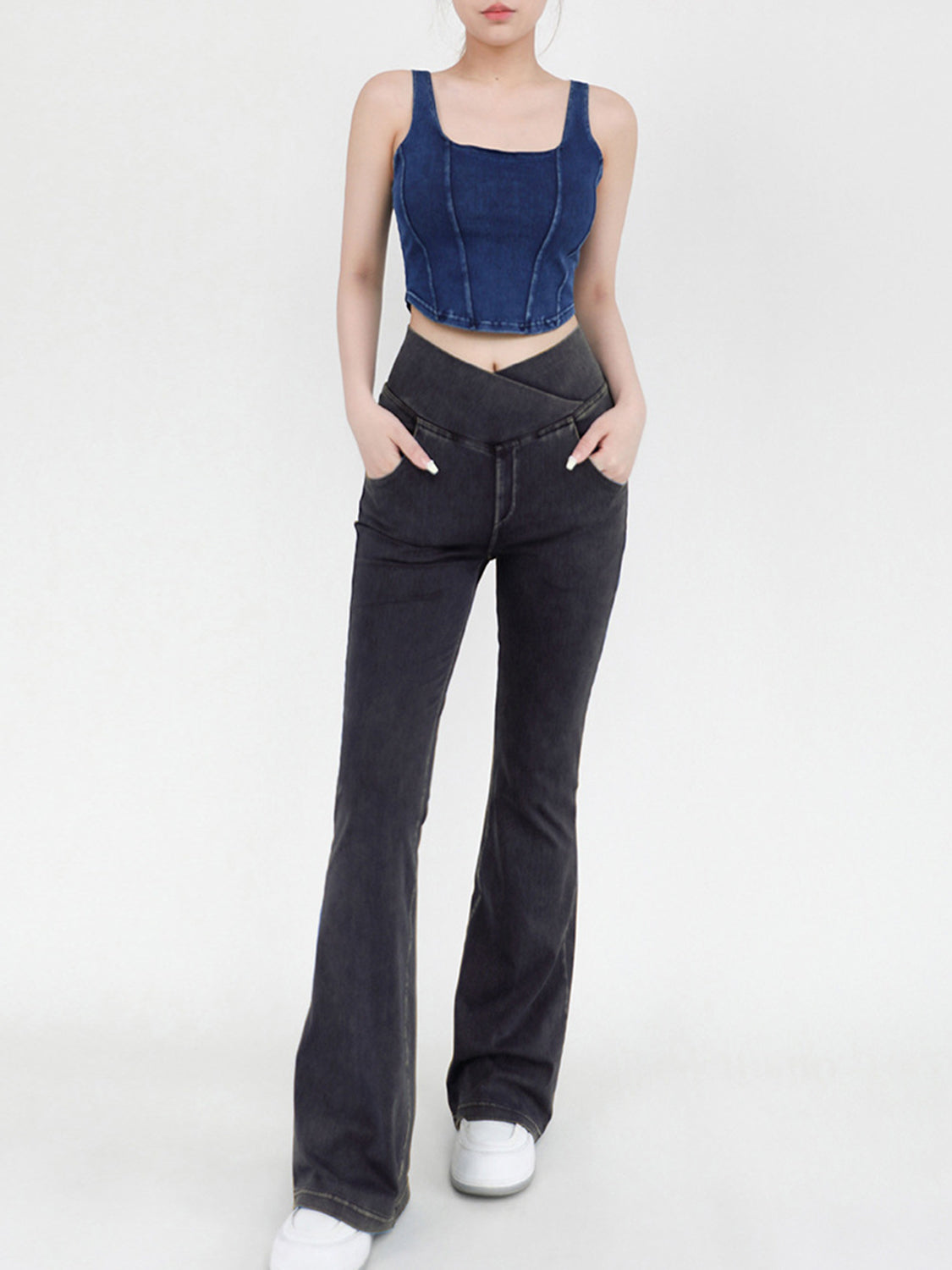 Wide Waistband Bootcut Jeans with Pockets - felvior