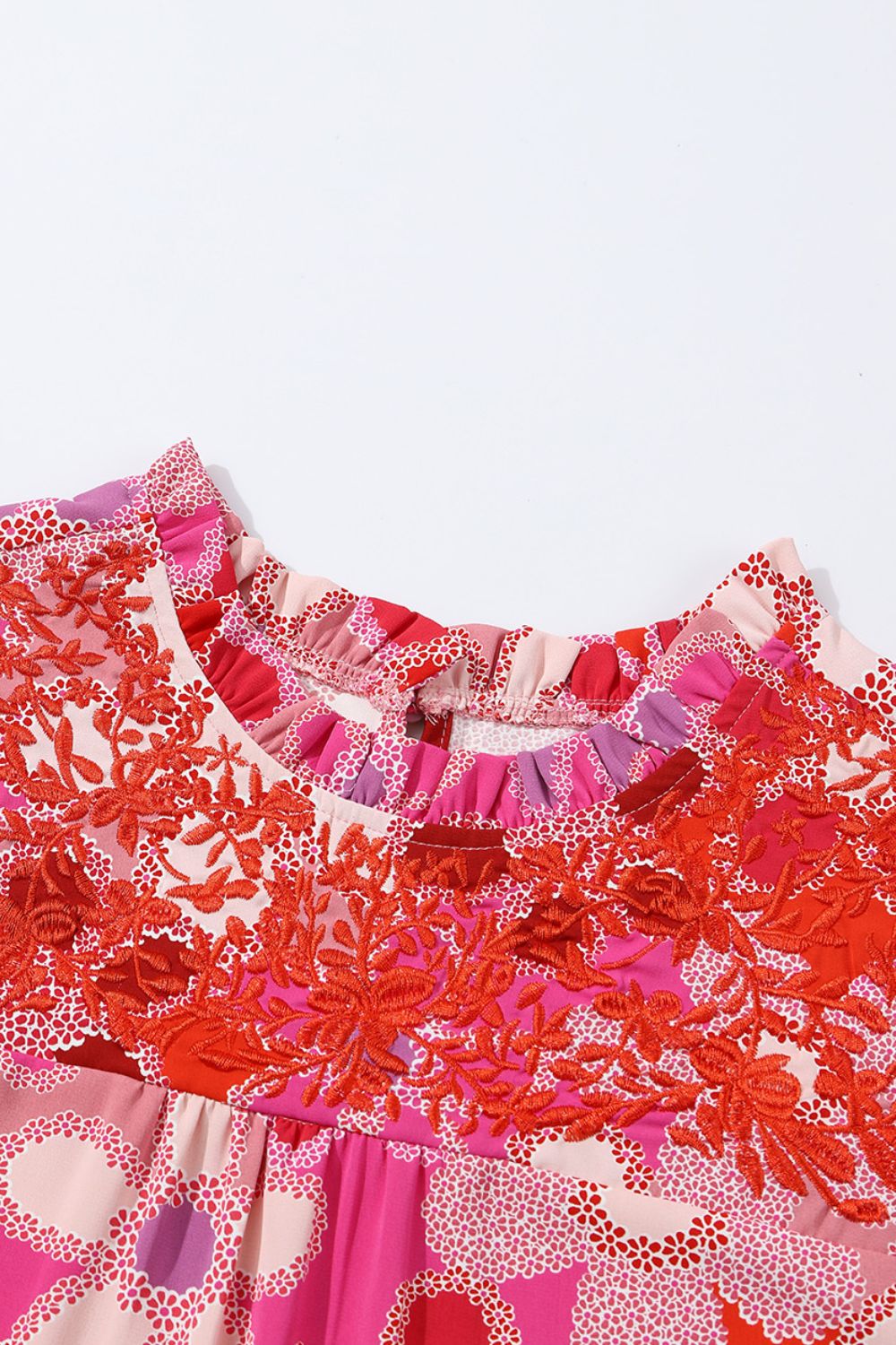 Embroidered Detail Floral Ruffle Cap Sleeve Blouse - felvior