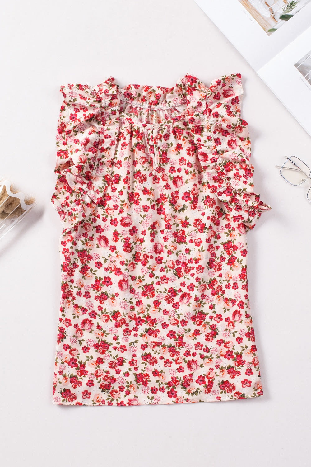 Ruffled Floral Round Neck Cap Sleeve Blouse - felvior