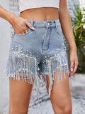 Distressed Pearl Trim Denim Shorts with Pockets - felvior