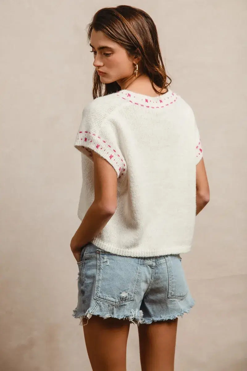 BiBi Knit Solid Contrast Stitch Detail Short Sleeves Sweater