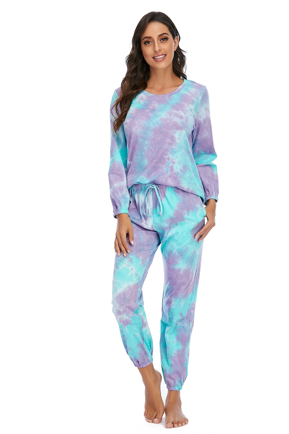 Tie-Dye Top and Drawstring Pants Lounge Set - felvior