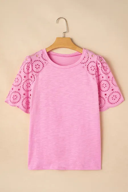 Eyelet Embroidery Scalloped Sleeve Round Neck Top - felvior